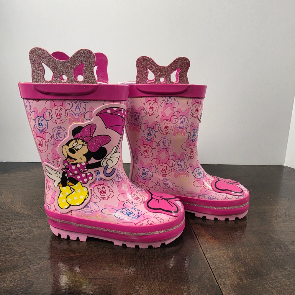 NWT Disney Pink Rain Boots Kids Size 5-6 Minnie and Daisy Glitter Bow